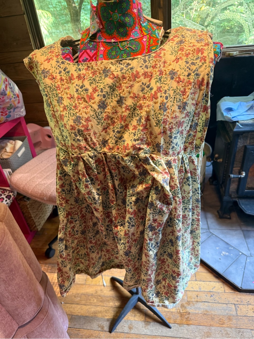 Floral Sleeveless Cotton Apron Dress - Yellow Base with Red & Blue Blooms